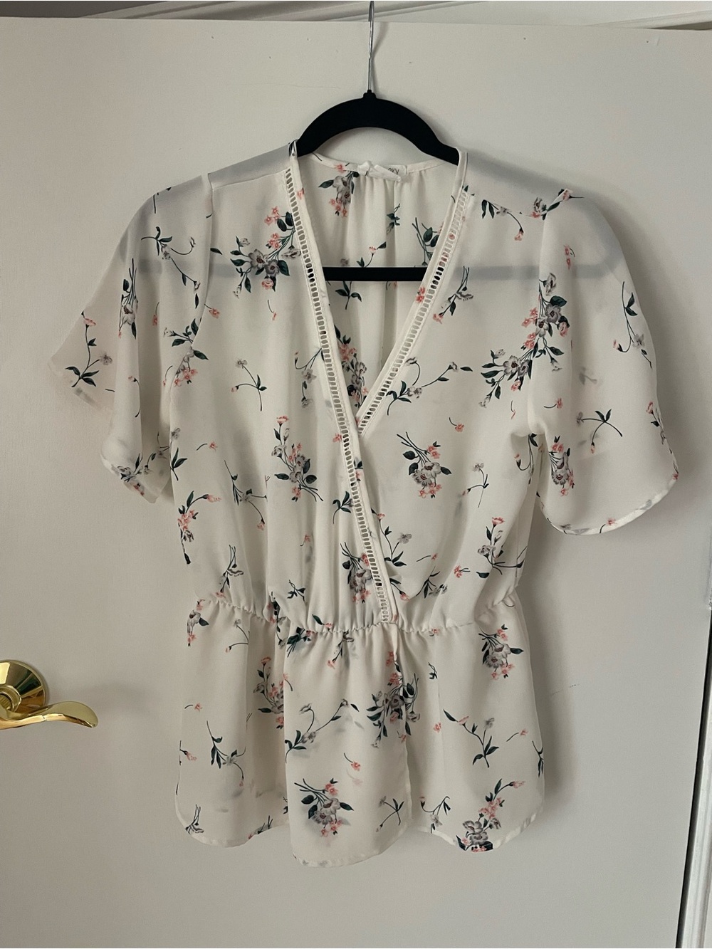 Sienna Sky Cream Floral Wrap-Peplum Blouse with Pink & Green Accents